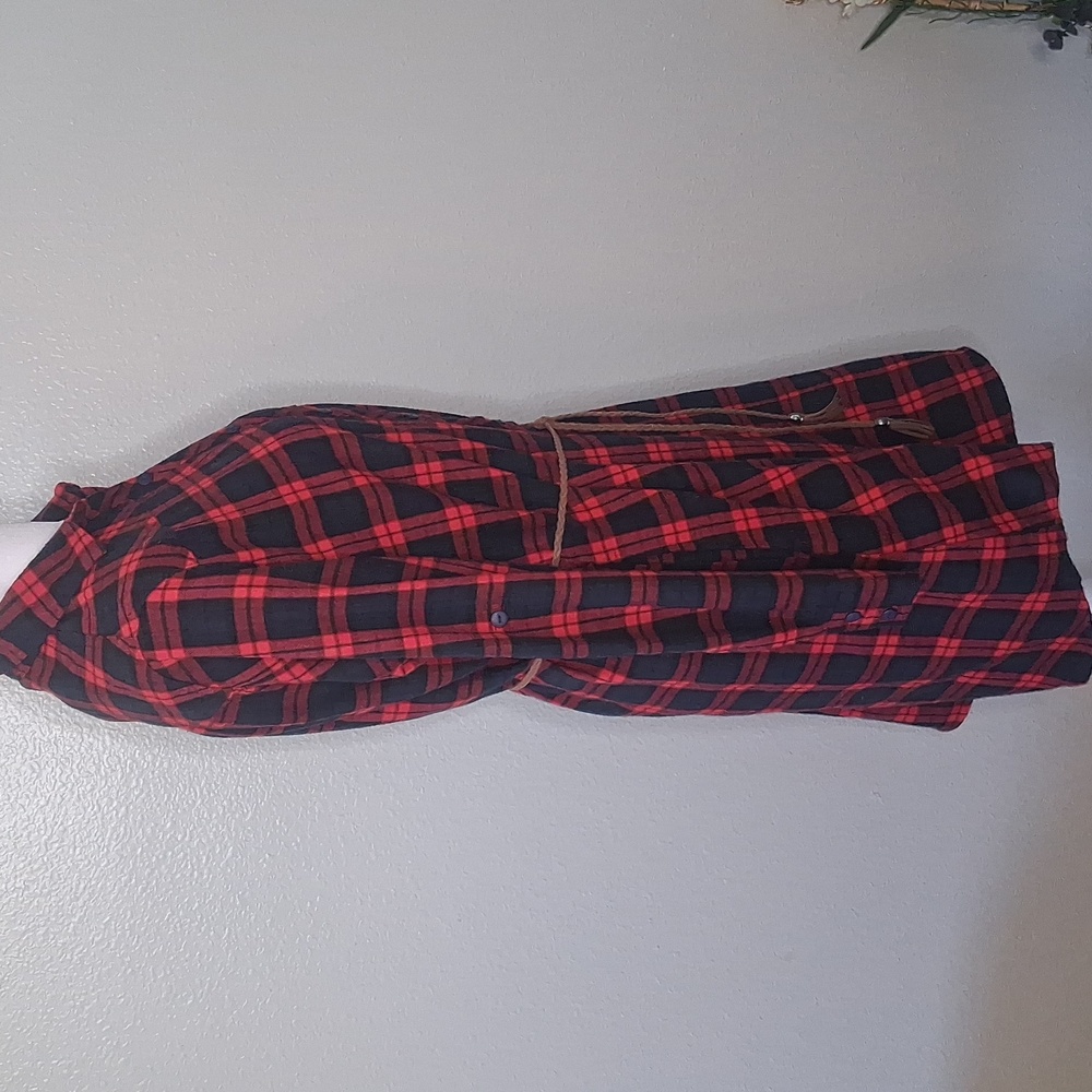 Jade Red Black Navy Plaid Flannel Dress Button Front Roll Tab Sleeve Small - Picture 5 of 14